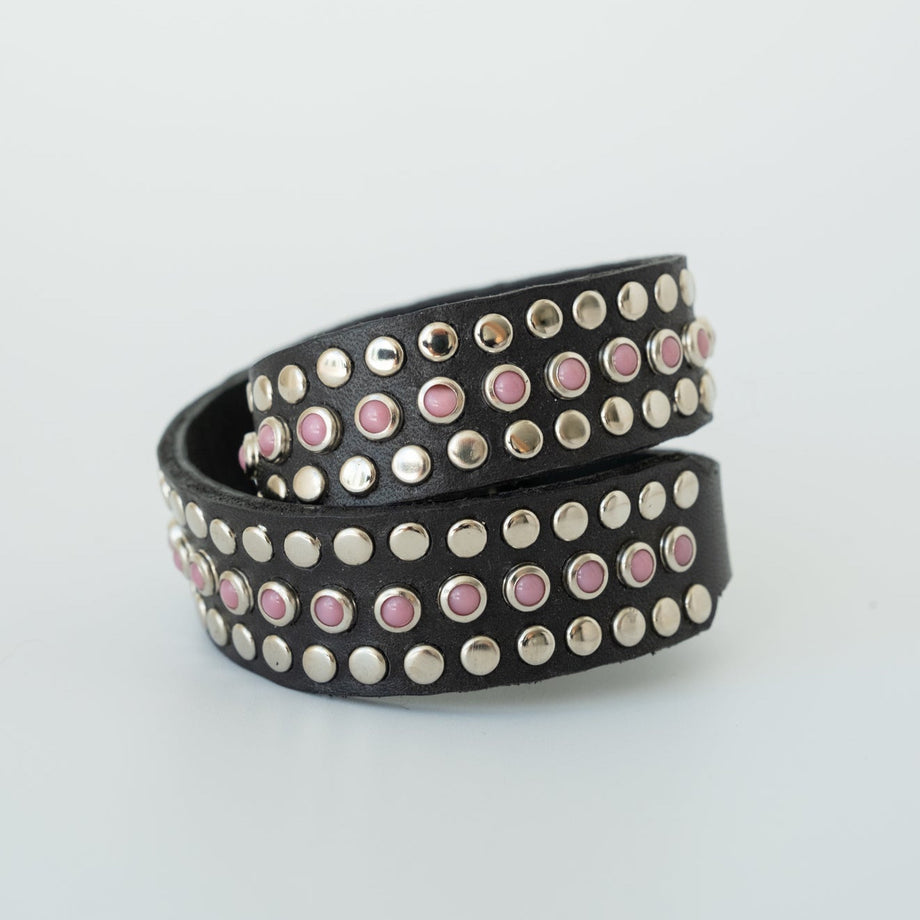 Black leather collar with pink on sale stones.